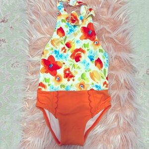 Janie Jack Girls Bathing Suit 18-24 Mo Swim 1 Piece Coral Floral Bow Halter